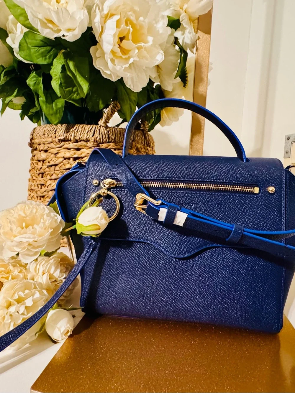Navy Blue Leather Crossbody Satchel